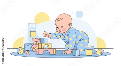 Cute Infant Interacting With Building Blocks And Toys On A Play Mat