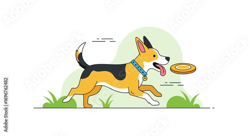 Energetic Canine Joyfully Chasing Frisbee, Playful Dog Cartoon Illustration on White Background
