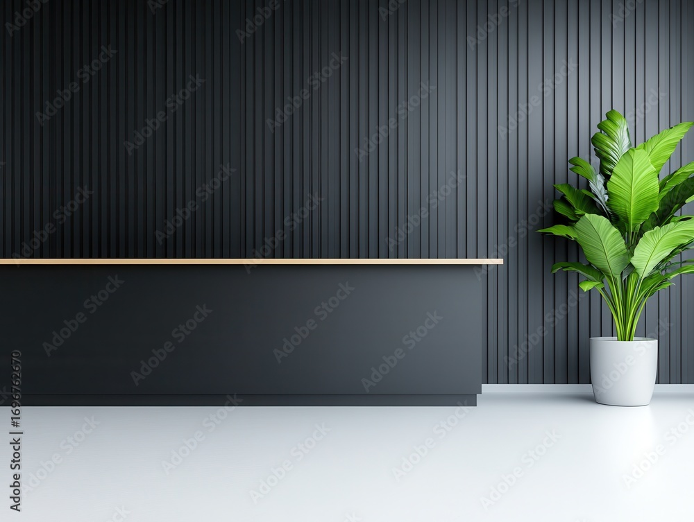 Obraz premium Modern reception desk, dark walls, plant