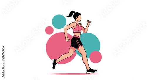 Energetic Female Runner in Dynamic Pose with Abstract Colorful Background