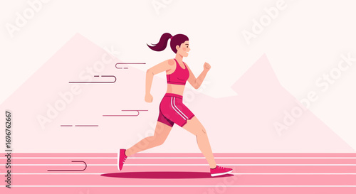 Energetic Female Runner Sprinting On Track During A Sunny Day, Depicting Health and Fitness