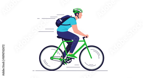 Cyclist Biking Outdoors, Wearing Helmet, and Backpack with Transportation Theme