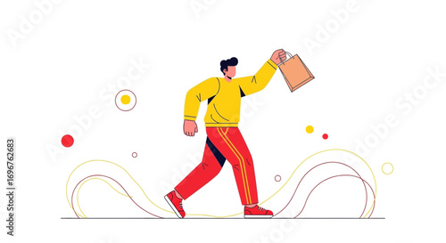 Energetic Figure Carrying a Shopping Bag, Depicting Retail, Purchases, and Consumerism