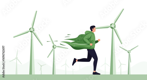 Energetic Figure Racing Towards Green Energy Future Next To Wind Turbines Illustration