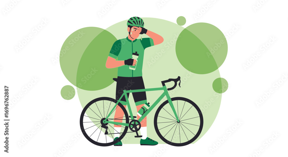 Obraz premium Cyclist Refreshes After Intense Exercise, With Bicycle, Green Hues and Modern Style