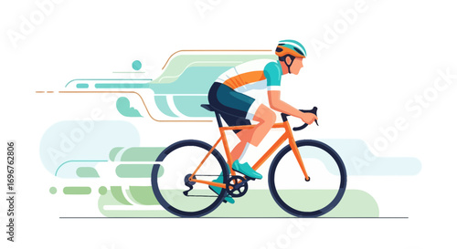 Cyclist Racing Along With Streamlined Design and Dynamic Lines on White Backdrop Illustration