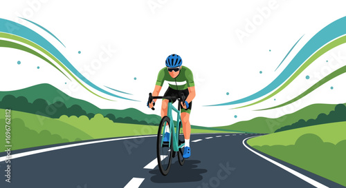 Cyclist Racing With Bicycle on Asphalt Road, Sport and Green Hills Background