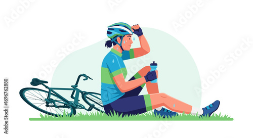 Cyclist Resting After Exercise Next To Bicycle, Tired And Relaxing On The Grass