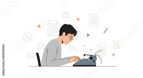 Dedicated Author Crafting Composition With Vintage Typewriter Amidst Abstract Symbols