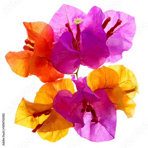 Multicolored bougainvillea blossoms against black