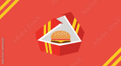 Delicious Burger Presented in Artistic Box with Striking Stripes and Vibrant Red Background