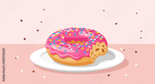 Delicious Donut with Pink Frosting is Served on A White Plate, Ready To Enjoy