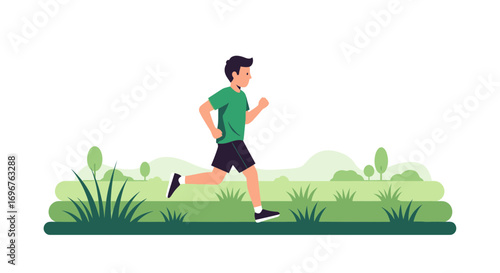 Energetic Runner in Green Outfit Exercising Outdoors Under Sunny Skies