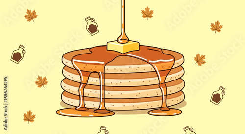 Delicious Stack Of Pancakes With Dripping Syrup And Butter On Top, Food Illustration