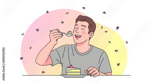 Delighted Individual Savoring Cake Slice: A Vibrant Illustration Of Pure Enjoyment