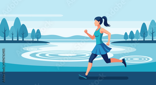 Energetic Runner Near Water Featuring Dynamic Motion and Refreshing Blue Tones For Fitness