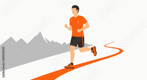Energetic Runner Training Outdoors on Orange Path by Mountains in Bold and Simplified Style