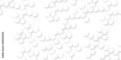 A pattern of white hexagon shapes arranged subtle shadows that create a three-dimensional, layered effect, the geometric repetition and depth of the hexagonal grid.