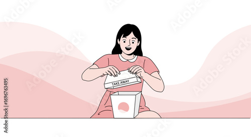 Delighted Woman Opening Takeaway Container Revealing Delicious Food, Happy Expression