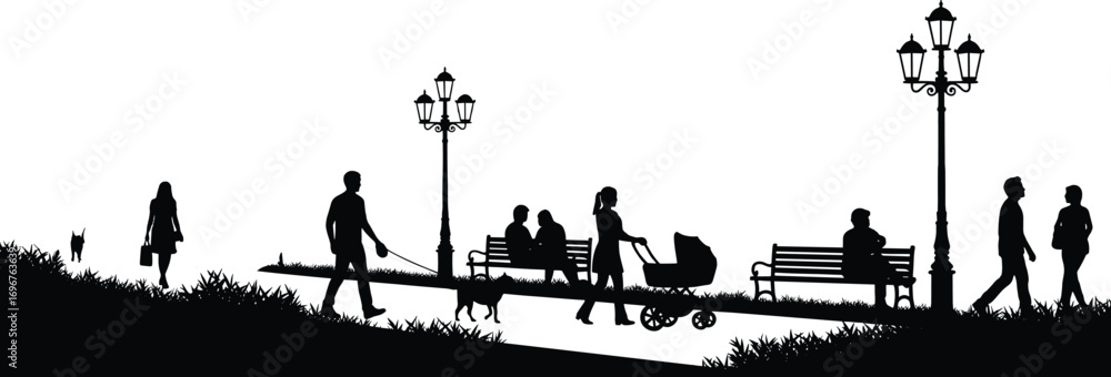 Fototapeta premium Silhouette of People Walking, Sitting, and Pushing Baby Stroller in Park Vector Illustration, Urban Life, Family, Leisure, Outdoors