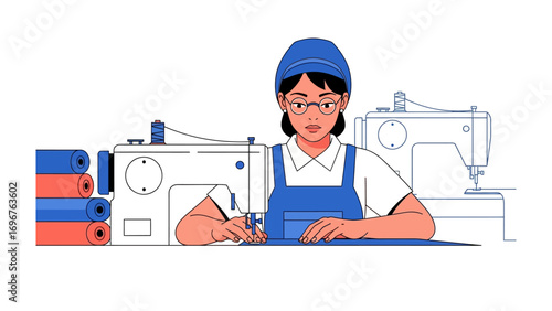 Crafting Innovation: An artisan woman focuses intently at her sewing machine, she skillfully manipulates fabrics, illustrating the art of textile creation, with precision and patience. 