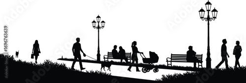 Silhouette of People Walking, Sitting, and Pushing Baby Stroller in Park Vector Illustration, Urban Life, Family, Leisure, Outdoors