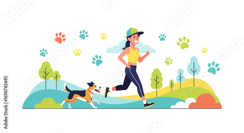 Energetic Woman And Her Companion Dog Enjoying Pleasant Run Outdoors During Daytime
