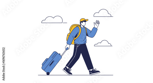 Energetic Traveler Embarks on Journey, Ready for Adventure with Luggage and Backpack.