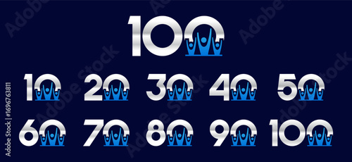 Set of collection numbers 1 to 10 with people element vector illustration. Teamwork element with numbers 10, 20, 30, 40, 50, 60, 70, 80, 90, 100 for greetings, anniversary and more.	