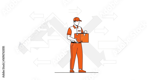 Delivery Professional Gesturing With Shipping Box Amidst Directional Arrow Indicators