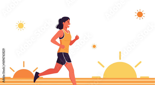 Energetic Woman Running Towards the Sun with Morning Motivation and Physical Exercise Imagery