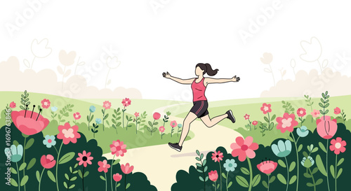 Energetic Woman Running Through a Cheerful Field of Colorful, Blooming Flowers