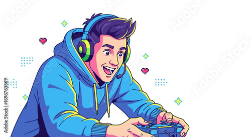 Energetic Young Man Immersed in a Gaming Session, Sporting Headphones and Controller