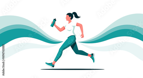 Energetic Woman Running With Water Bottle Promoting Healthy Lifestyle And Fitness Motivation