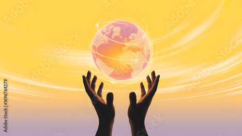Hands Lifting the Earth: Two hands cradle a glowing earth, intertwined with a network of shining light, symbolizing global unity and a sustainable future. Capturing hope and interconnectedness.