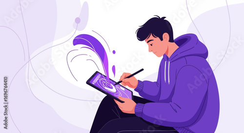 Designer Creating Digital Art on Tablet in Illustrative Purple Tones for Modern Projects