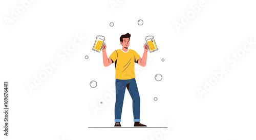 Enthusiastic Man Holding Beer Mugs in Each Hand Ready To Celebrate Freedom