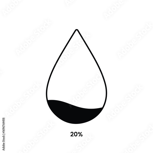 A water drop icon showing 20% filled with black liquid on a white background simple design