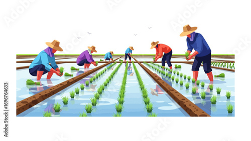 Planting Rice: A group of farmers work together in a rice paddy, planting seedlings in perfect rows, a scene that embodies the dedication and unity of agricultural life.