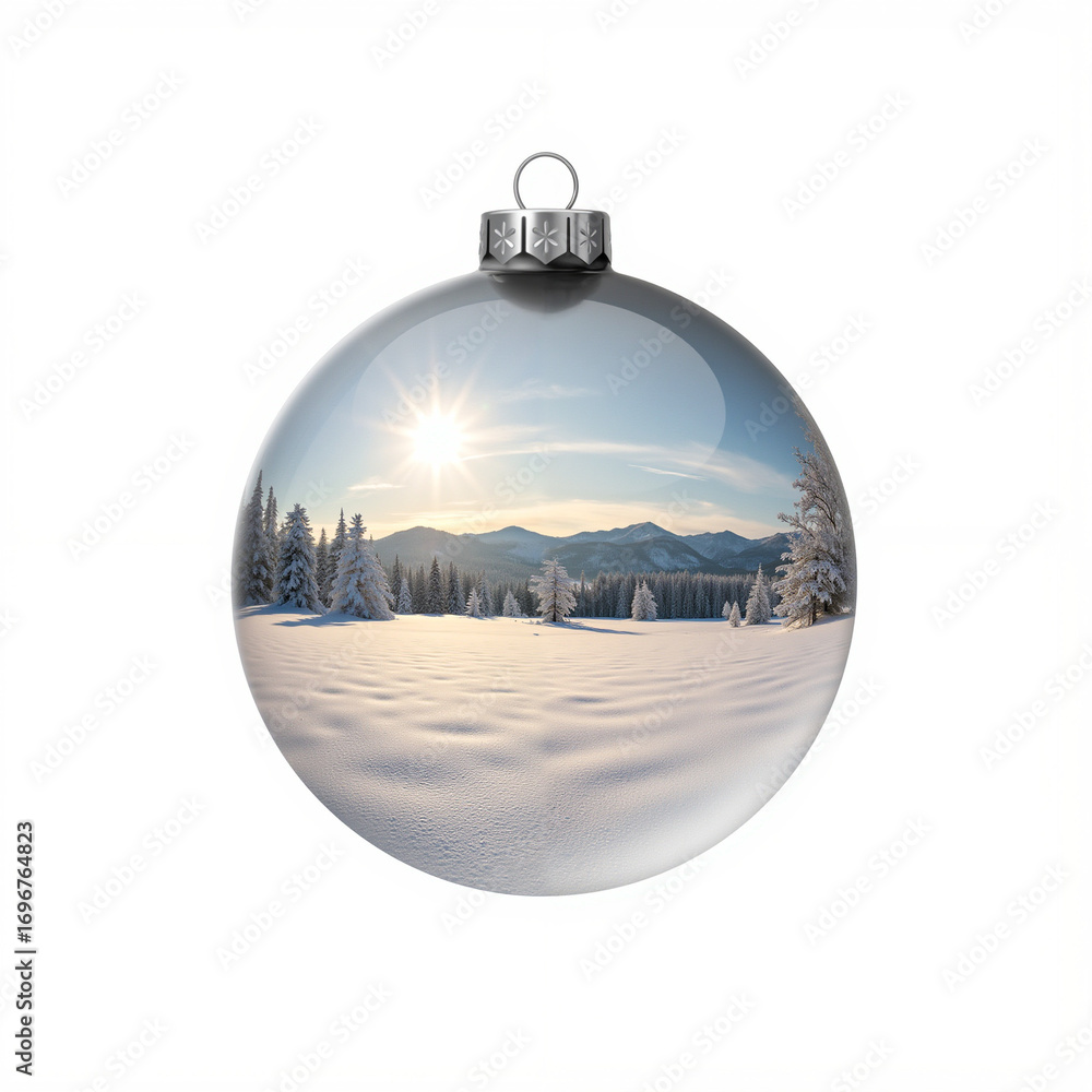 Obraz premium Christmas ball with reflection of majestic snow landscape inside with snow texture