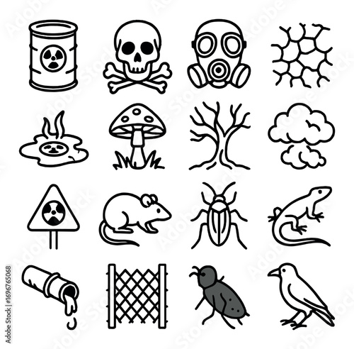 Hazardous symbols and danger icons: toxic waste, skull, gas mask, contaminants, and wildlife