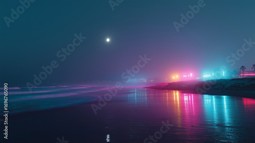 sandy beach sea palm trees night neon lights	