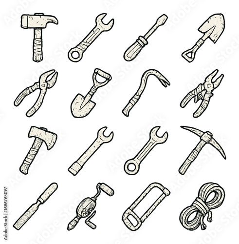 Collection of vintage hand tools with rustic charm on a brown background
