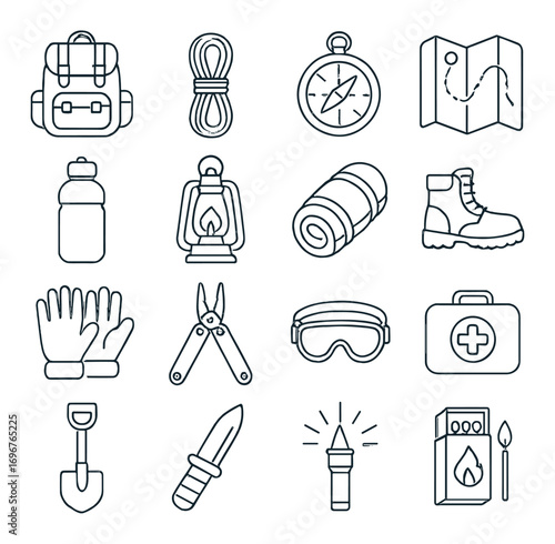 Outdoor adventure icons: backpack, compass, boots, and camping essentials