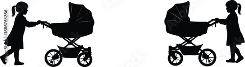 Silhouette of Little Girl Pushing Baby Stroller Vector Illustration, Family Concept, Child Walking, Parenthood, Black Pram Art Design