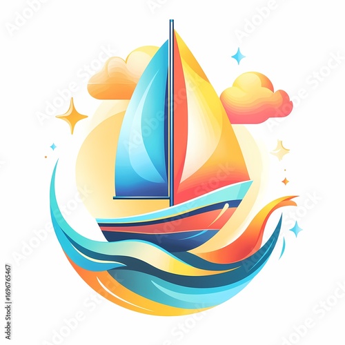 A vibrant and colorful illustration of a sailboat on stylized waves, set against a bright sky with clouds and sparkling stars, embodying a sense of adventure.