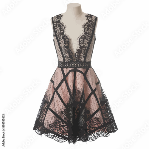 Elegant sleeveless dress with intricate black lace overlay on a mannequin, perfect for fashion blogs and online clothing stores.