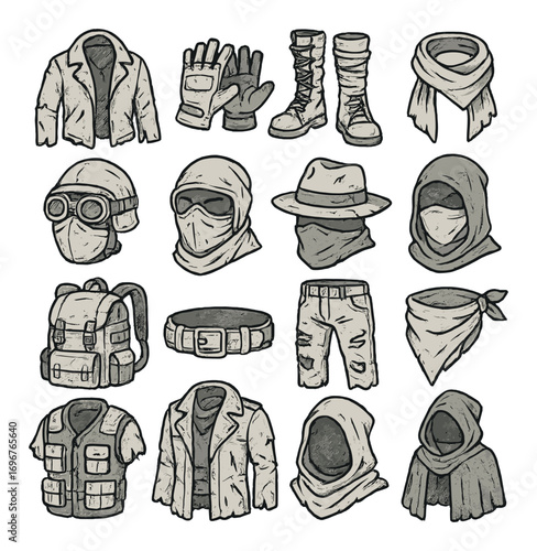 Post-apocalyptic clothing and gear collection: jackets, masks, boots, and accessories