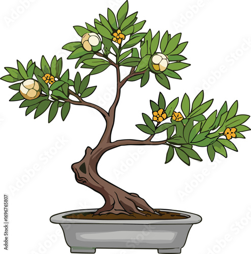 Bonsai tree illustration, twisted trunk design, miniature potted plant art, green leaves with yellow and orange fruits, Japanese gardening, nature decor, botanical artwork