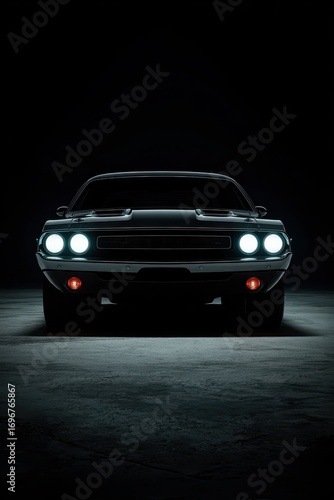 Classic American Muscle Car in Dark Setting with Headlights On.